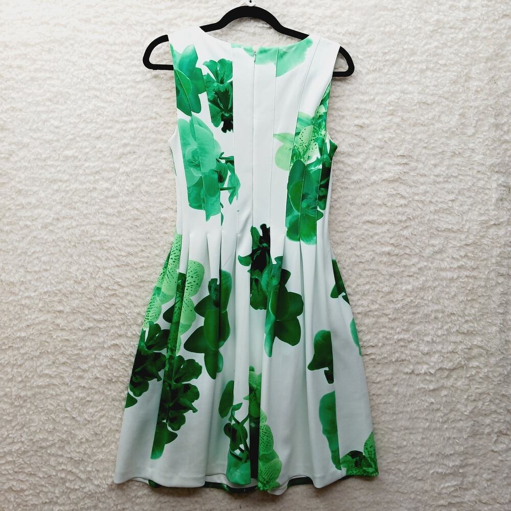 Dress Fit Flare White Green Pleat Bodice Pocket Lined Zipper Calvin Klein Size S - Picture 2 of 8